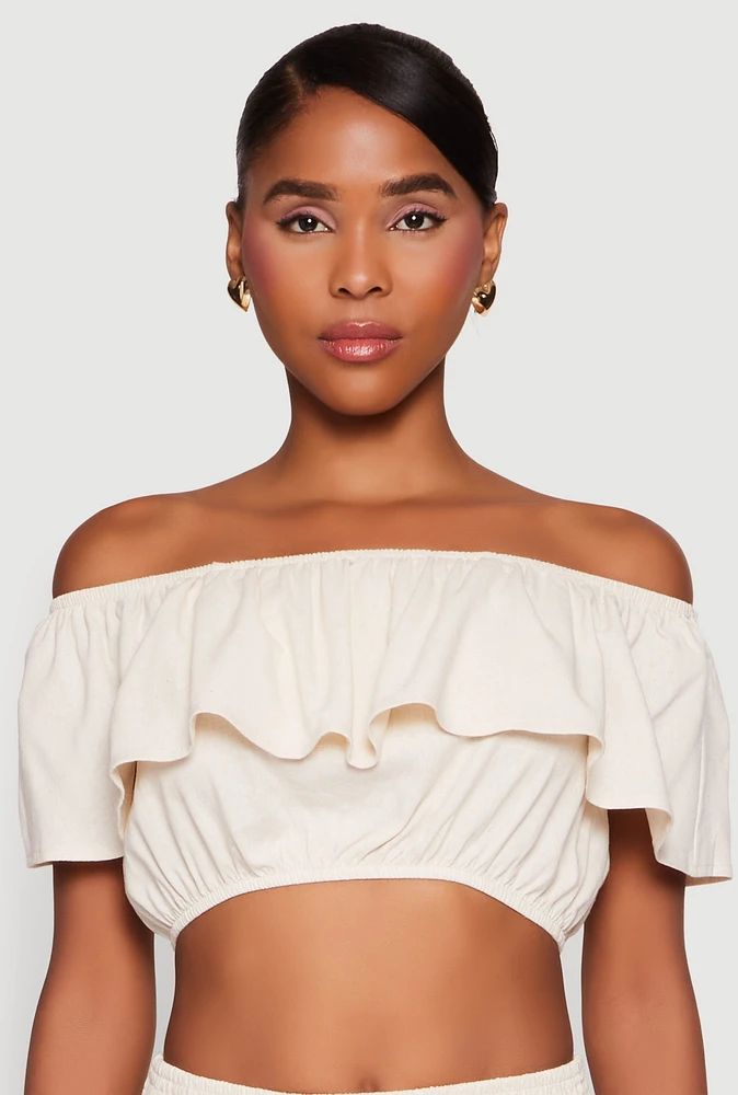 Womens Almost Famous Ruffle Overlay Off the Shoulder Crop Top,
