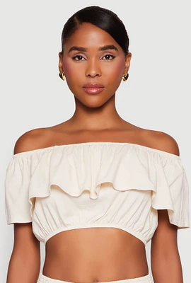 Womens Almost Famous Ruffle Overlay Off the Shoulder Crop Top,