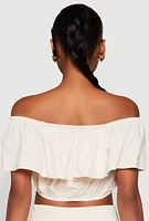 Womens Almost Famous Ruffle Overlay Off the Shoulder Crop Top,