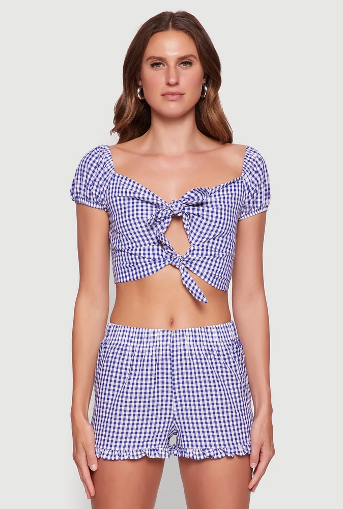 Womens Madden Girl Gingham Peasant Top with Tie Front and Puff Sleeves, Blue, Size M