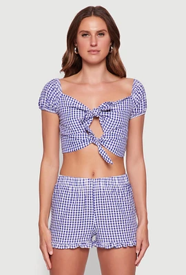 Womens Madden Girl Gingham Peasant Top with Tie Front and Puff Sleeves, Blue, Size M