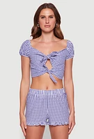 Womens Madden Girl Gingham Peasant Top with Tie Front and Puff Sleeves, Blue, Size M