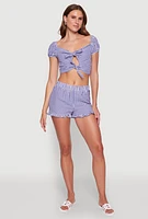 Womens Madden Girl Gingham Peasant Top with Tie Front and Puff Sleeves, Blue, Size M
