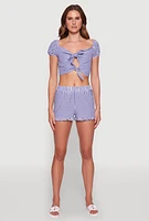 Womens Madden Girl Gingham Peasant Top with Tie Front and Puff Sleeves, Blue, Size M