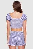 Womens Madden Girl Gingham Peasant Top with Tie Front and Puff Sleeves, Blue, Size M