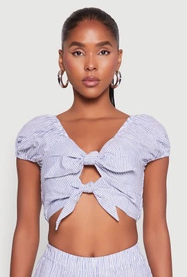 Womens Pinstripe Double Tie Front Crop Top, Blue, Size L