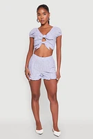 Womens Pinstripe Double Tie Front Crop Top, Blue, Size L