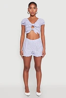 Womens Pinstripe Double Tie Front Crop Top, Blue, Size L