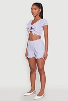 Womens Pinstripe Double Tie Front Crop Top, Blue, Size L