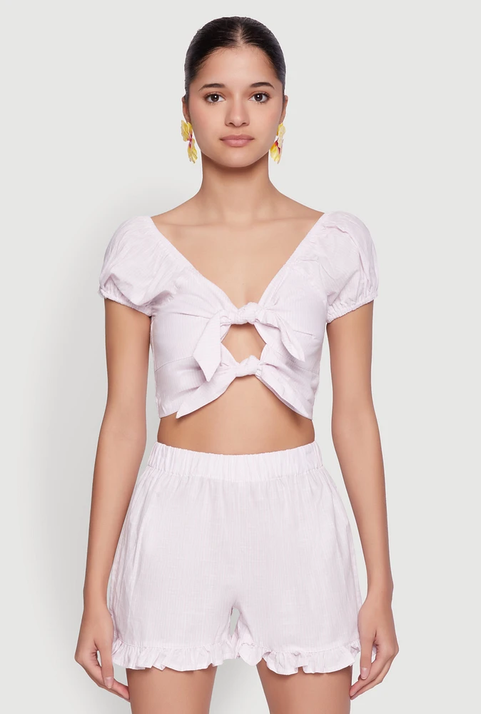 Womens Pinstripe Double Tie Front Crop Top, Pink,