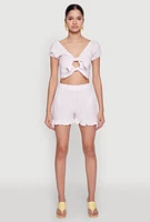 Womens Pinstripe Double Tie Front Crop Top, Pink,