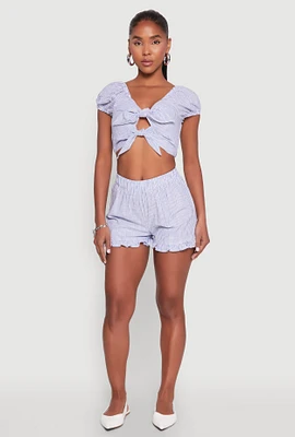 Womens Almost Famous Ruffled Hem Striped Shorts, Blue, Size S