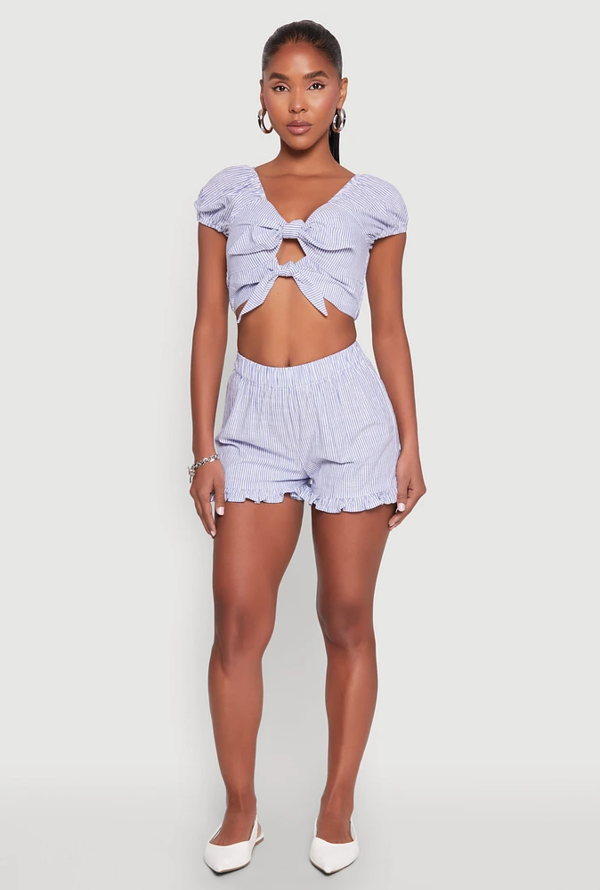 Womens Almost Famous Ruffled Hem Striped Shorts, Blue, Size L