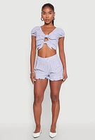 Womens Almost Famous Ruffled Hem Striped Shorts, Blue, Size L