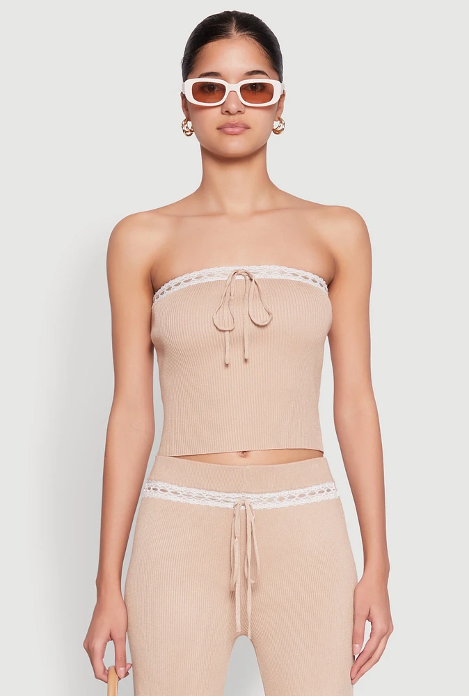 Womens Almost Famous Drawstring Lace Trim Tube Top, Beige, Size S