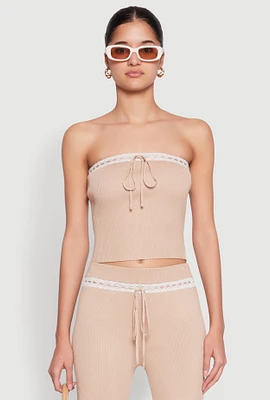 Womens Almost Famous Drawstring Lace Trim Tube Top, Beige, Size S