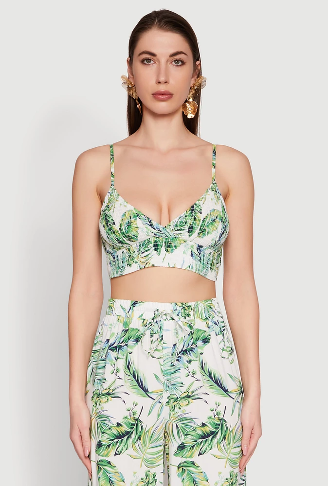 Womens Almost Famous Tropical Print Smocked Bralette, Green, Size XL