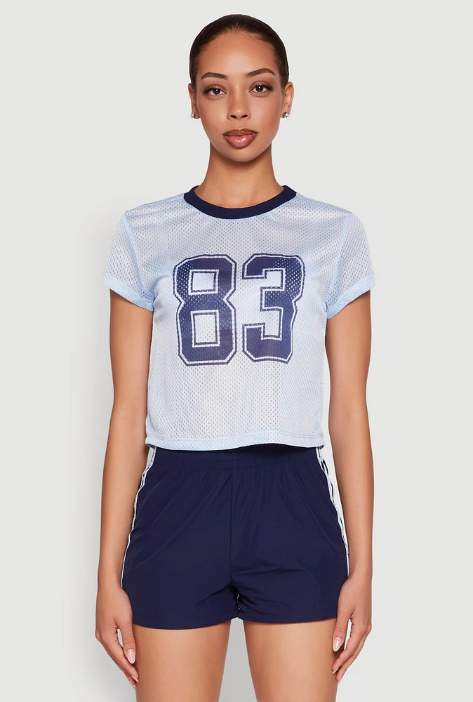 Womens Almost Famous Jersey Mesh Crop Top, Blue, Size XL