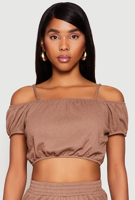 Womens Almost Famous Textured Knit Cold Shoulder Crop Top,