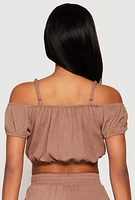Womens Almost Famous Textured Knit Cold Shoulder Crop Top, Brown, Size L