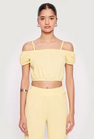 Womens Almost Famous Textured Knit Cold Shoulder Crop Top, Yellow, Size S