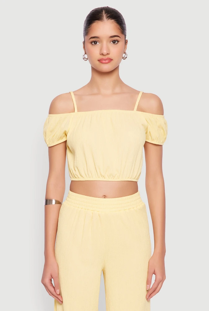 Womens Almost Famous Textured Knit Cold Shoulder Crop Top, Yellow, Size M