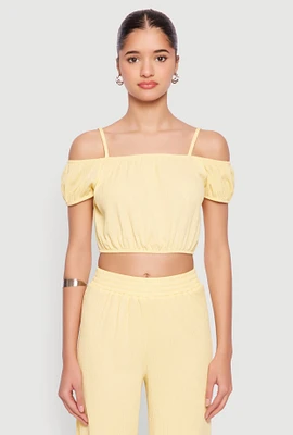 Womens Almost Famous Textured Knit Cold Shoulder Crop Top, Yellow, Size L