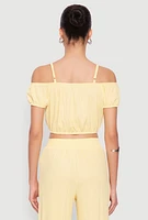 Womens Almost Famous Textured Knit Cold Shoulder Crop Top, Yellow, Size L