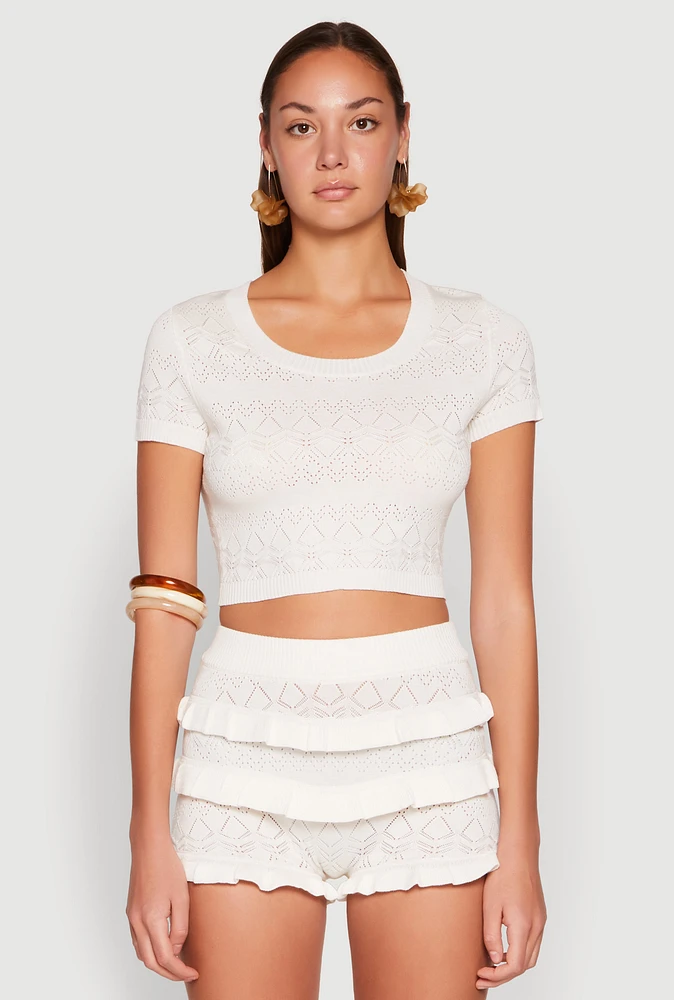 Womens Almost Famous Pointelle Knit Crop Top, White,