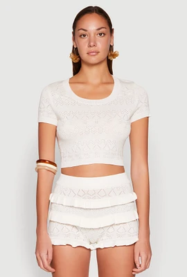 Womens Almost Famous Pointelle Knit Crop Top, White,