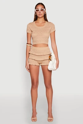Womens Almost Famous Pointelle Knit Ruffle Shorts, Khaki, Size S
