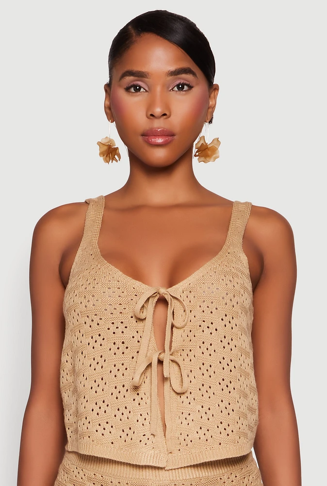 Womens Almost Famous Pointelle Crochet Tie Front Top, Beige, Size M