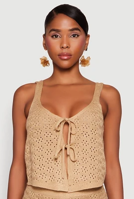 Womens Almost Famous Pointelle Crochet Tie Front Top, Beige, Size M