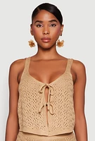Womens Almost Famous Pointelle Crochet Tie Front Top, Beige, Size M