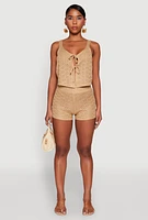 Womens Almost Famous Pointelle Crochet Tie Front Top, Beige, Size M