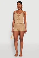 Womens Almost Famous Pointelle Crochet Tie Front Top, Beige, Size M