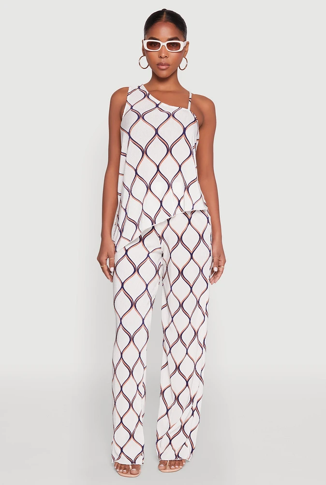 Womens Almost Famous Printed Plisse Wide Leg Pants, White, Size S