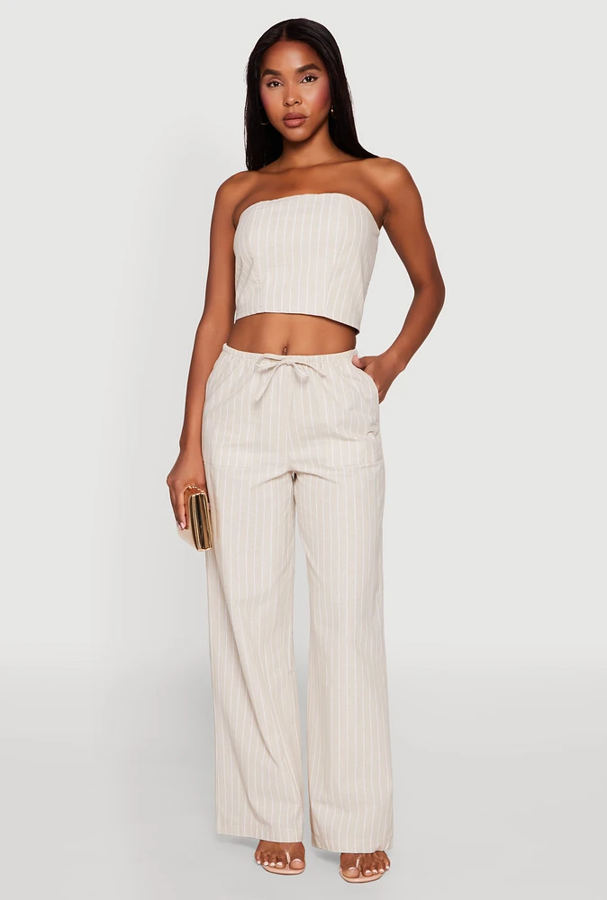 Womens Almost Famous Drawstring Striped Pants, Khaki, Size L