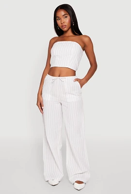 Womens Almost Famous Drawstring Striped Pants, White, Size M