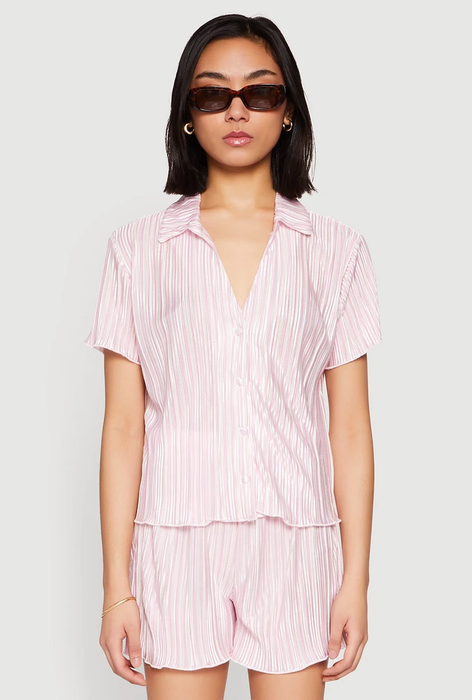 Womens Almost Famous Plisse Striped Shirt, Pink, Size L
