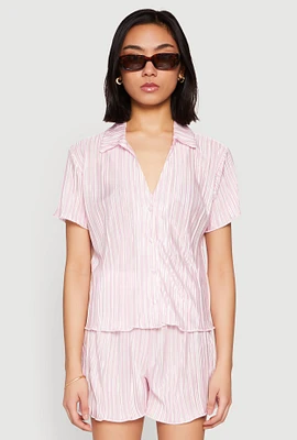Womens Almost Famous Plisse Striped Shirt, Pink, Size L