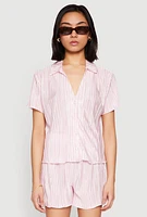 Womens Almost Famous Plisse Striped Shirt, Pink, Size L