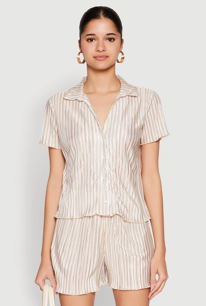 Womens Almost Famous Plisse Striped Shirt, Beige, Size S
