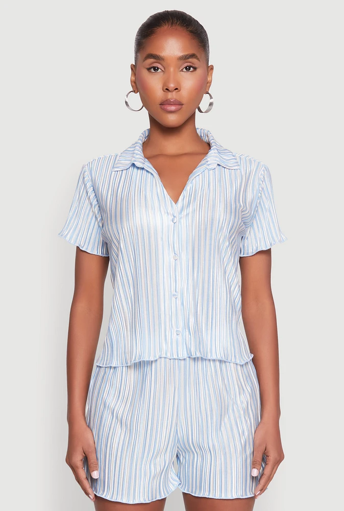 Womens Almost Famous Plisse Striped Shirt, Blue,