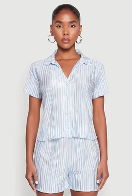 Womens Almost Famous Plisse Striped Shirt, Blue,