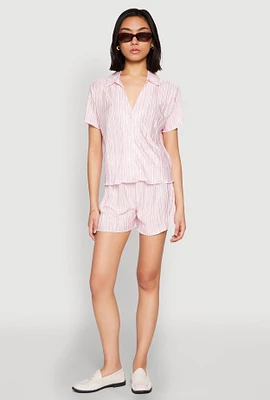 Womens Almost Famous Plisse Lettuce Edge Striped Shorts, Pink,