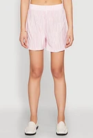 Womens Almost Famous Plisse Lettuce Edge Striped Shorts, Pink, Size M