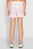 Womens Almost Famous Plisse Lettuce Edge Striped Shorts, Pink,