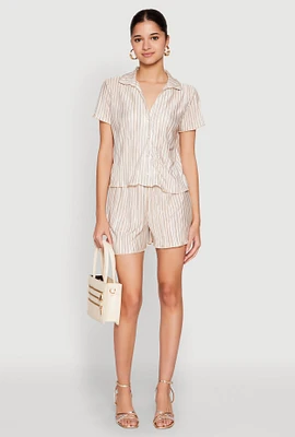 Womens Almost Famous Plisse Lettuce Edge Striped Shorts, Khaki, Size XL