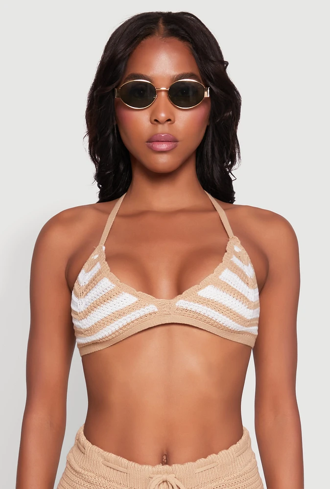 Womens Almost Famous Crochet Striped Halter Crop Top, Beige, Size L
